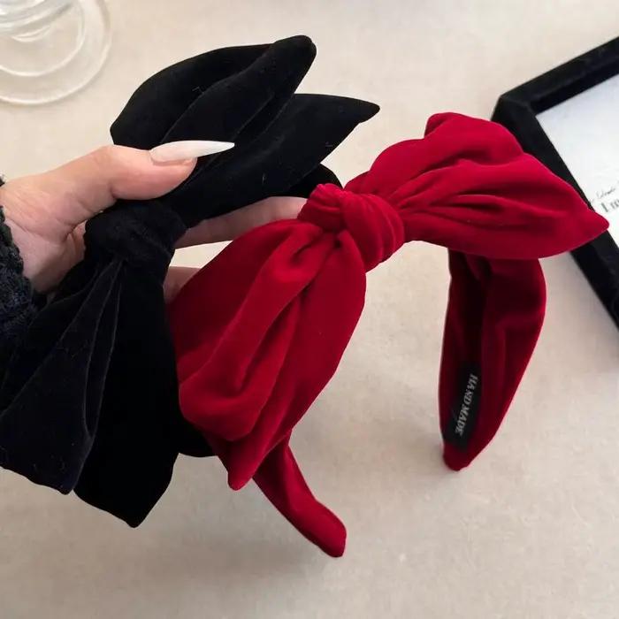 Bandeau à nœud large en velours rouge et noir pour filles et femmes