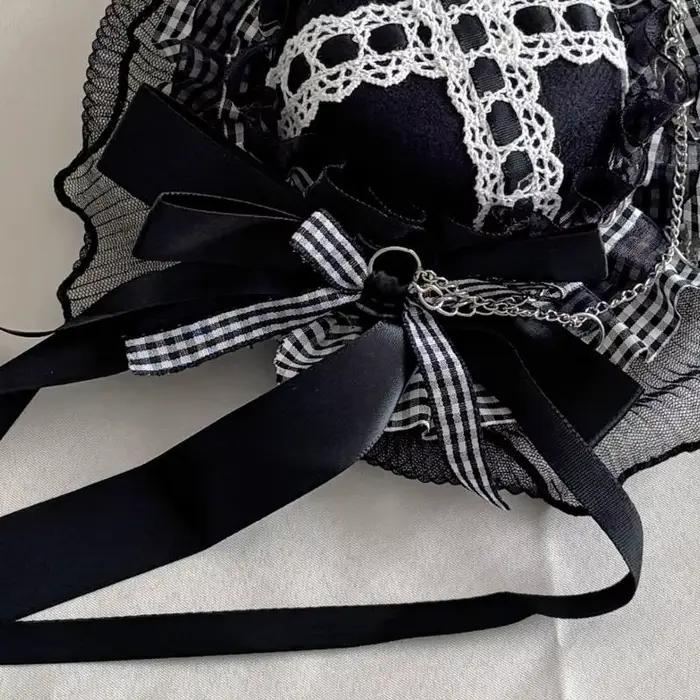Chapeau gothique en voile dentelle avec nœuds foncés pince à cheveux pour fêtes à thème Y08E