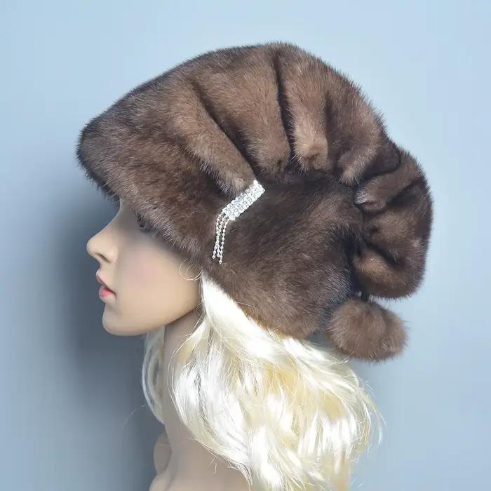 Chapeau de fourrure russe hiver chaud naturel fourrure de vison pour femmes bombader chapeaux oreillettes extérieurs occasions spéciales
