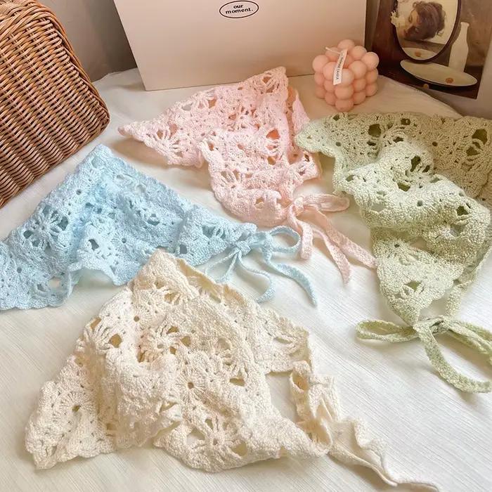 Mode tricoté foulard chapeau français Style pastorale Triangle bandeau à la main Crochet