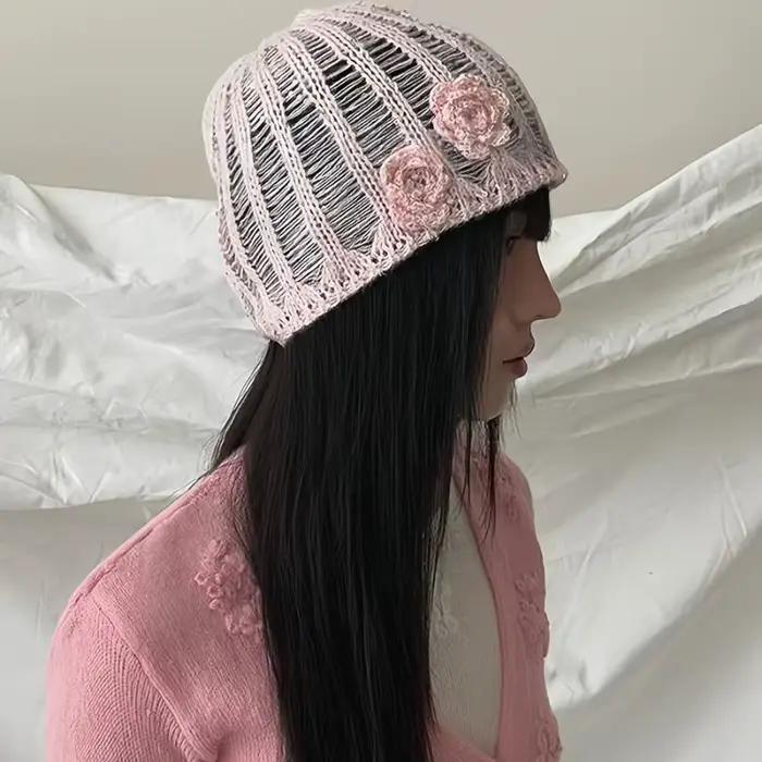 Ins doux 3D fleur conception creux rose tricoté chapeaux femmes printemps et été Niche personnalité polyvalent mode bonnets casquette