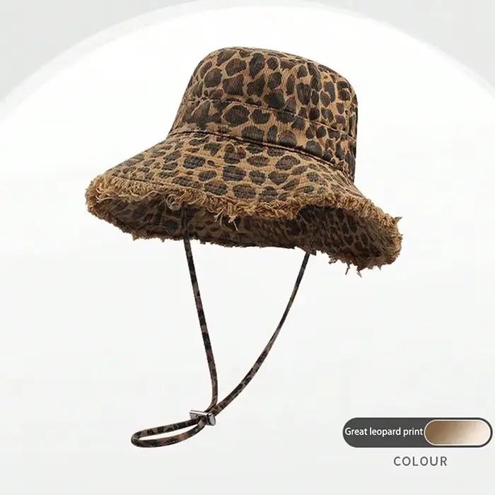 Chapeau de pêcheur Boho à large bord imprimé léopard pour femme