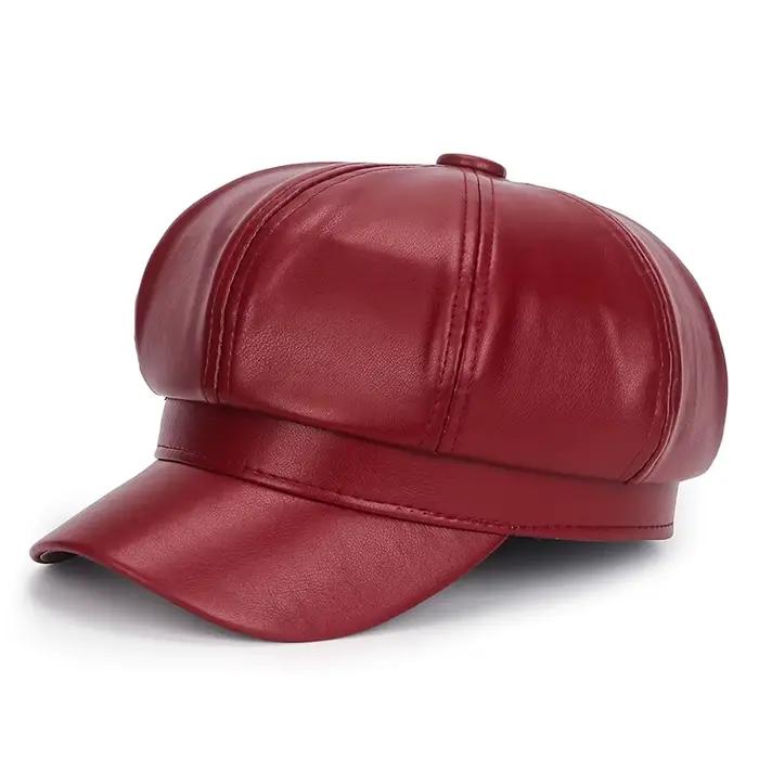Nouveau femmes en cuir PU bérets casquette chapeau noir rouge extérieur réglable femme automne hiver décontracté dame