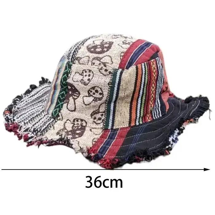 Nouveau Chapeau en chanvre patchwork multicolore motif champignon avec poche cachée