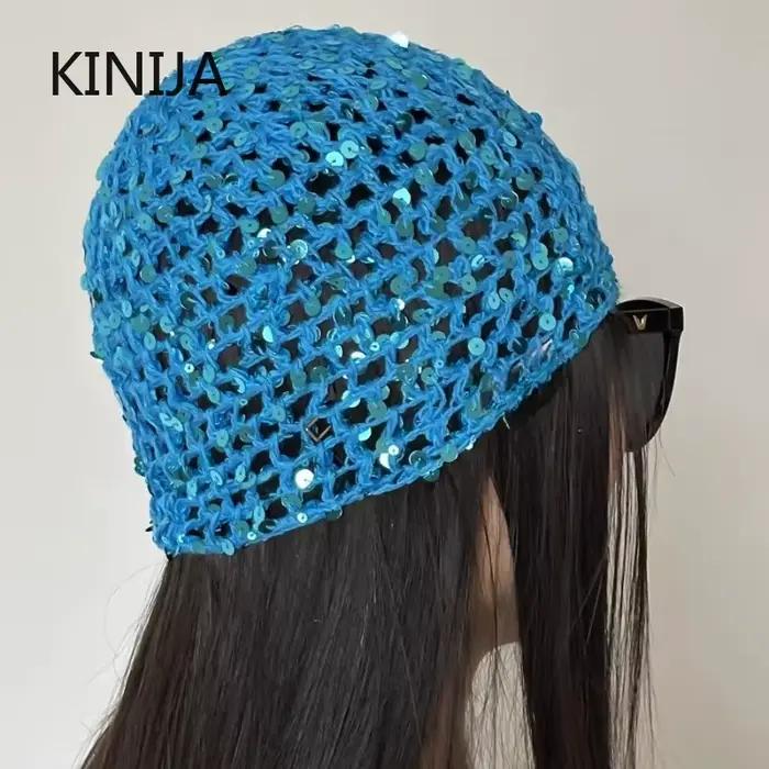 Bonnet tricoté ajouré à paillettes style Ins pour femme