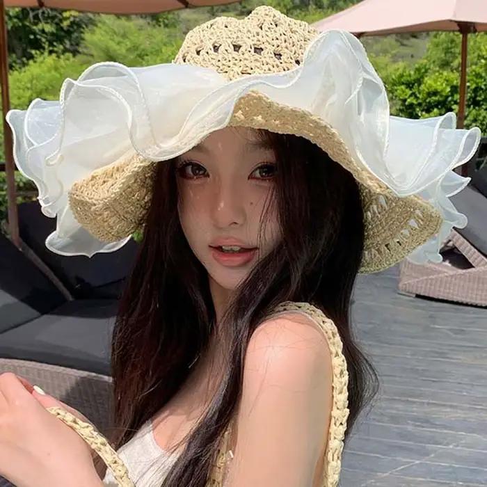 Chapeau de plage tressé en polyester kaki