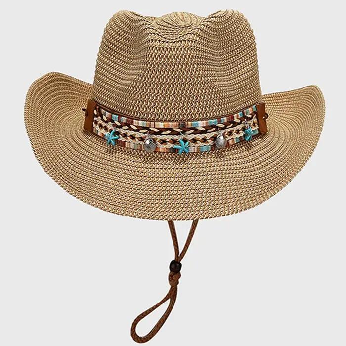 Bohemian Straw Sun Hat Women Summer Breathable Foldable Sun Protection Western Cowgirls Hat Ethnic Style Holiday Beach Caps