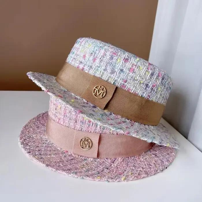 Europe et amérique xiao xiang style perle haut plat couleur jacquard chapeau rose tweed haut-de-forme femmes automne et hiver chapeaux de mode