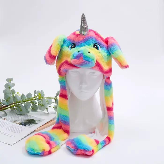 Chapeau à oreilles en peluche licorne arc-en-ciel avec cornes 3D + design mignon et adorable