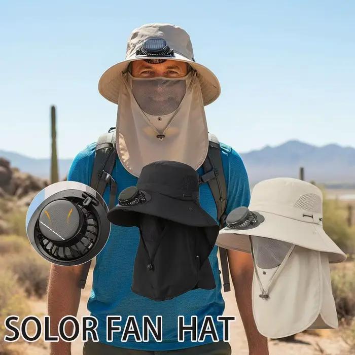 Chapeau Bob à Large Bord avec 2 Ventilateurs Solaires, Casquette d'Été pour Hommes, Idéal pour le Camping, la Pêche et la Randonnée en Extérieur