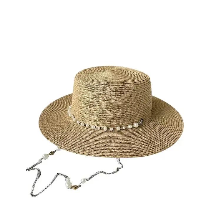 Chapeau de bateau en paille avec chaîne de perles pour femmes