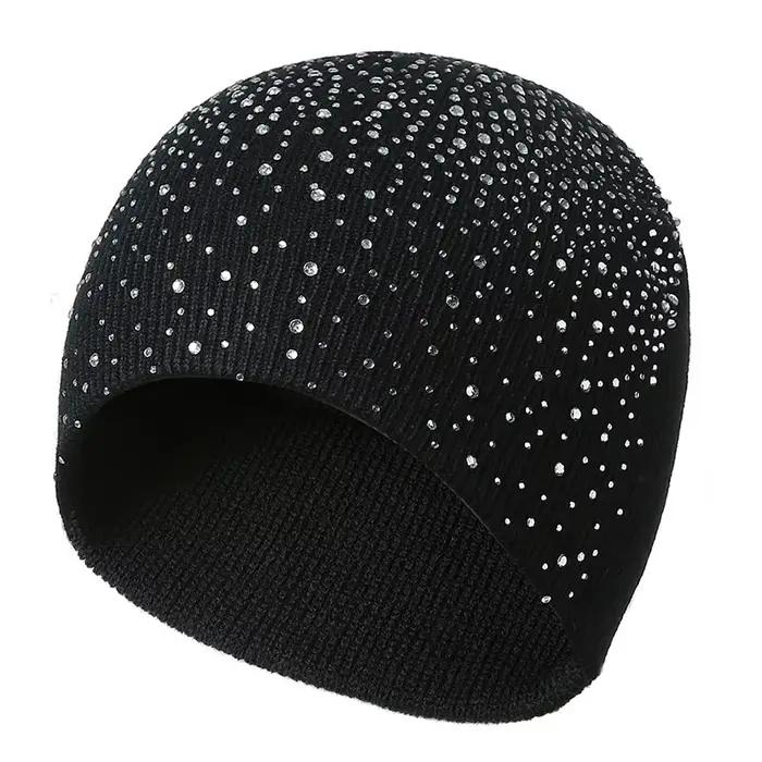 Femme hiver chapeaux avec strass tricoté chaud bonnet fille laine chapeau
