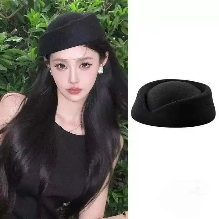 Béret d'hôtesse de l'air vintage noir à calotte plate, accessoire pour cheveux