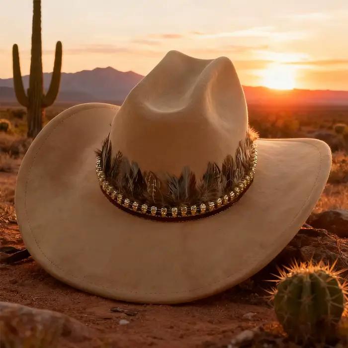 Nouveau chapeau de cowboy ethnique en daim végétalien à large bord plume