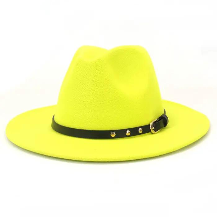 Chapeau Fedora Jaune Néon Uni avec Boucle de Ceinture pour Femme et Homme
