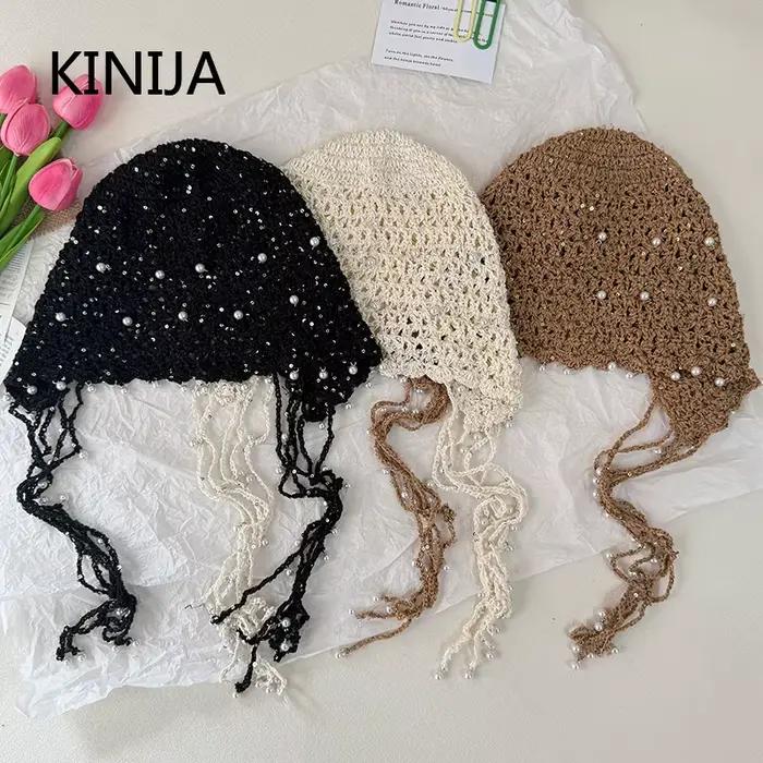 Bonnet tricoté ajouré à paillettes style Ins pour femme