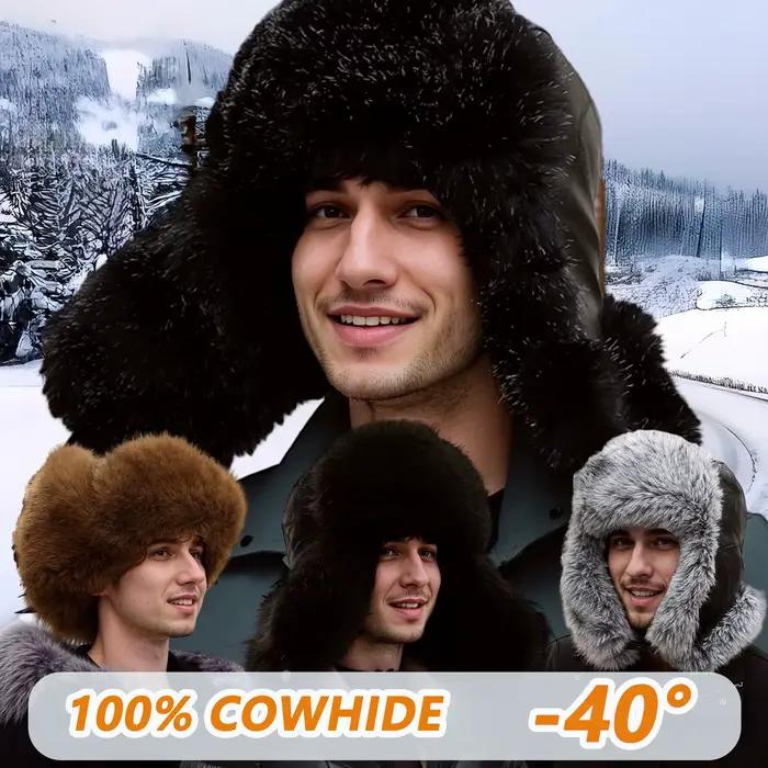 Chapeau de trappeur Ushanka en peau de mouton d'aviateur en cuir de vache russe