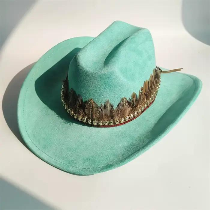 Nouveau chapeau de cowboy ethnique en daim végétalien à large bord plume