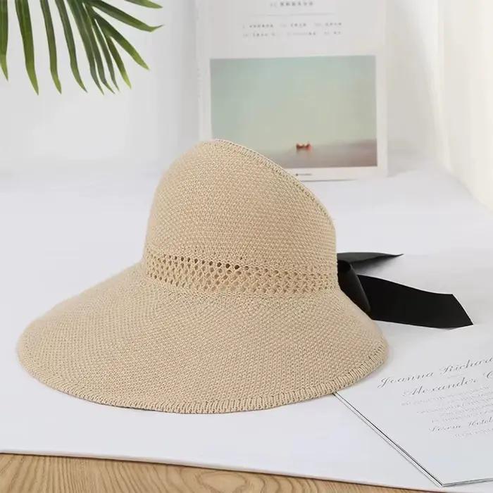 Chapeau de paille pliable à large bord pour femmes, style français avec nœud papillon, protection UV, plage, voyage, photographie, printemps été