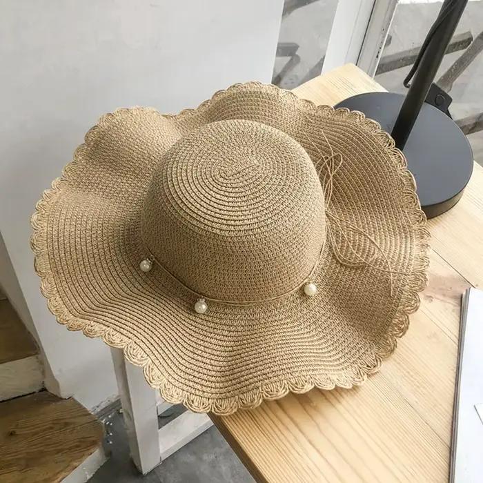 Chapeau de paille pliable à large bord avec perles