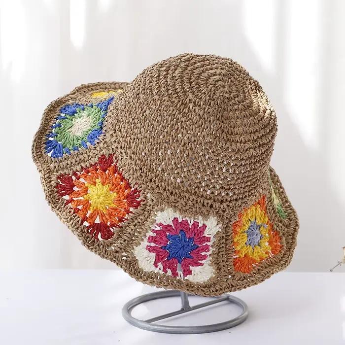 Chapeau de pêcheur en paille avec fleur pour femmes, chapeau de seau, protection UV, pare-soleil, visières arc-en-ciel, chapeau d'été multifonctionnel pour activités extérieures