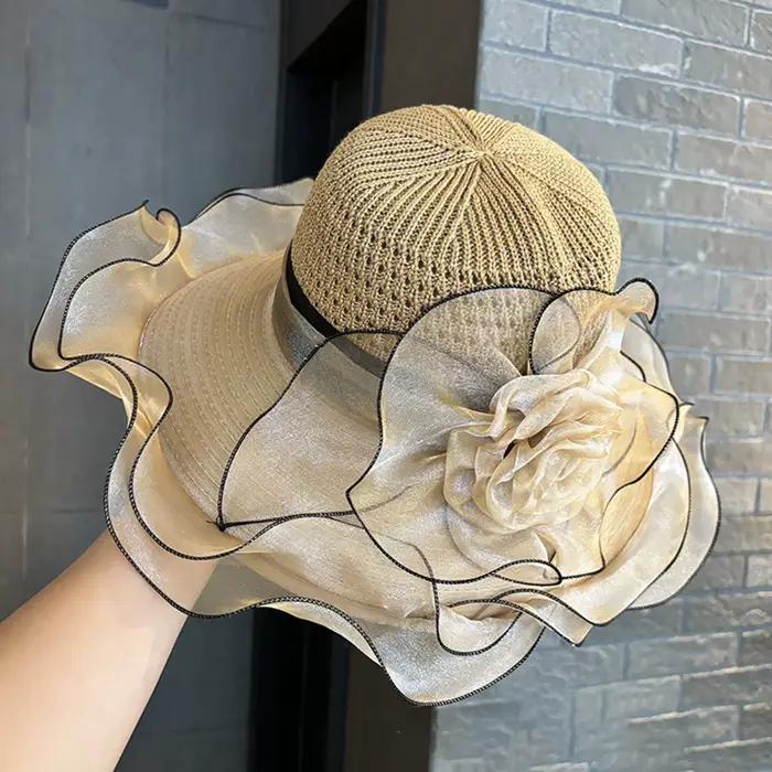 Chapeaux d'église élégants à volants en Organza à large bord pour femmes]