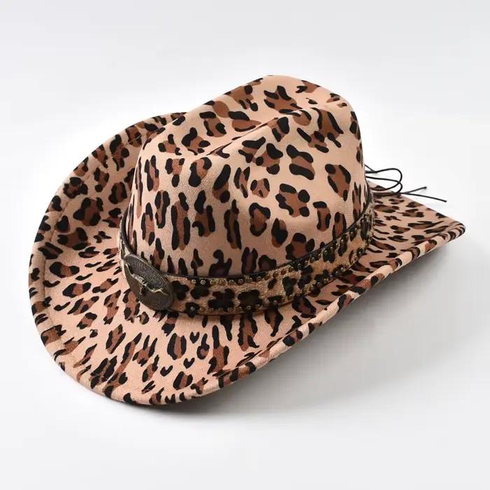 Chapeau de cowboy western rétro en cuir avec rivets tête de taureau pour homme et femme