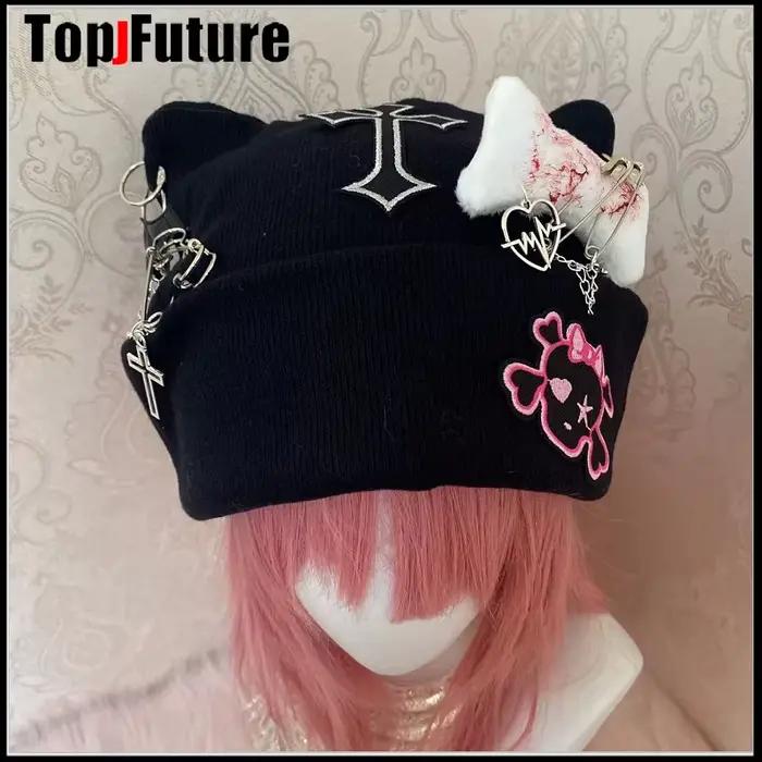 Harajuku gothique Lolita chat oreille chapeau femmes Punk croix chaîne sous-culture épice fille bonnet