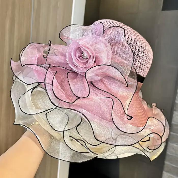 Chapeaux d'église élégants à volants en Organza à large bord pour femmes]