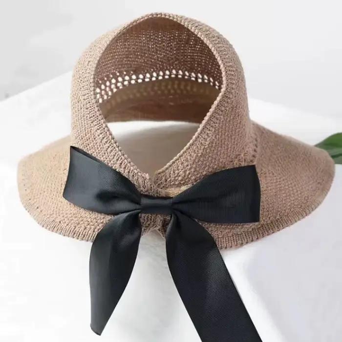 Chapeau de paille pliable à large bord pour femmes, style français avec nœud papillon, protection UV, plage, voyage, photographie, printemps été