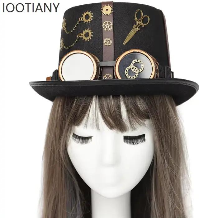 Chapeau haut-de-forme gothique Steampunk noir rétro avec équipement
