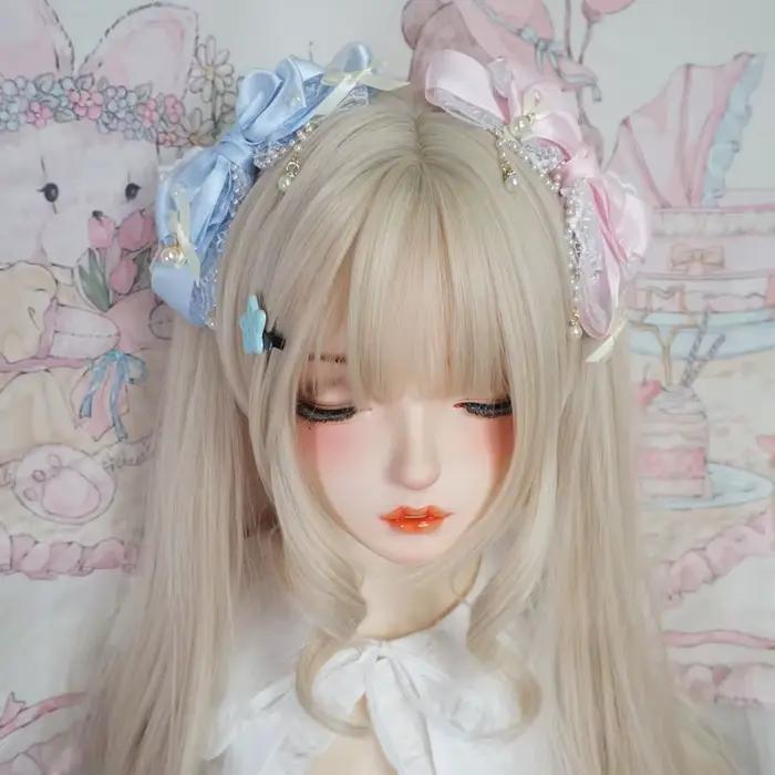 Couvre-chef Lolita grand nœud en dentelle rose perle KC