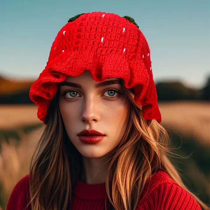 Chapeau de pêcheur en forme de fraise rouge de dessin animé pour femme
