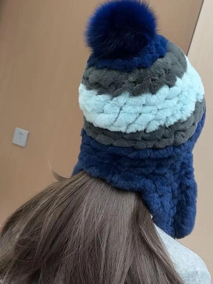 Véritable Rex lapin fourrure chapeau pour femmes automne russe ushanka rayure