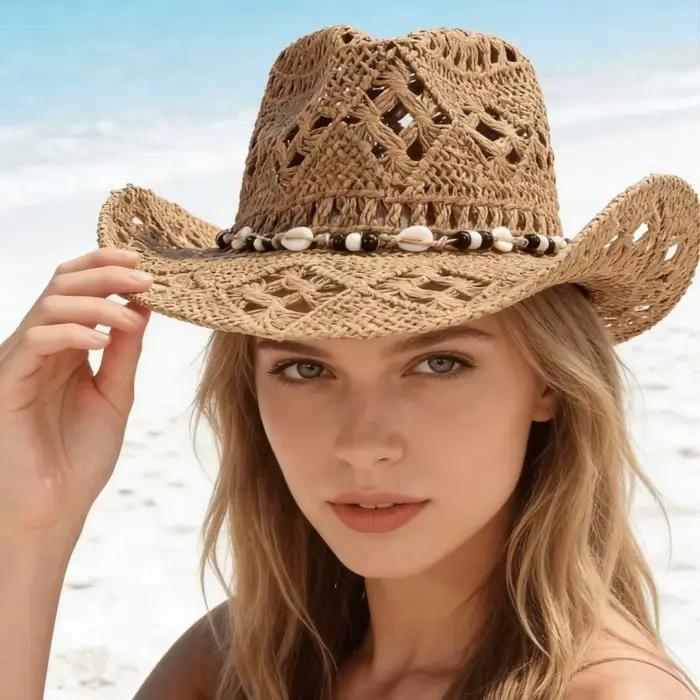 1 chapeau de soleil en paille ajouré style bohème
