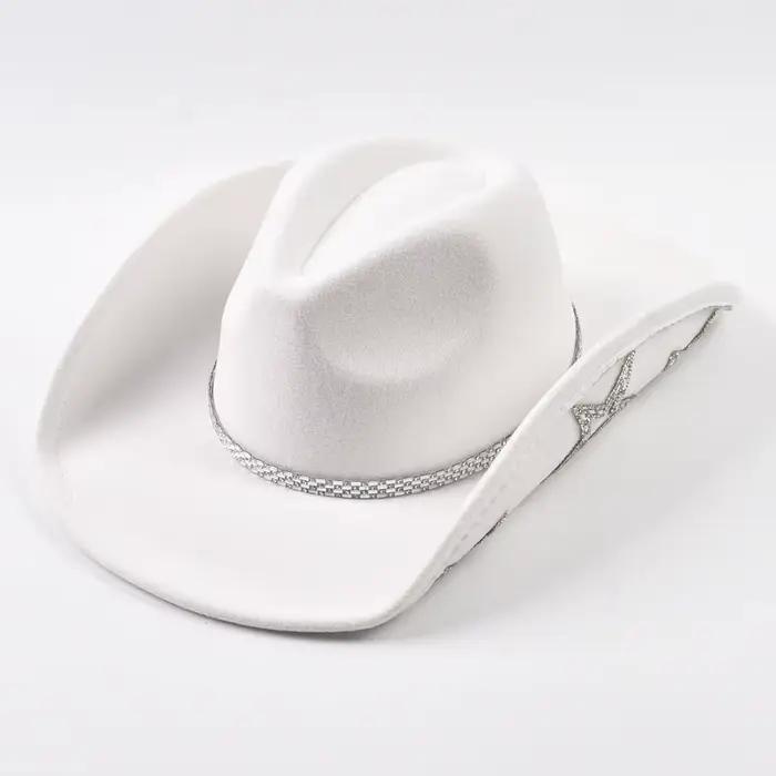 Chapeau de cowgirl occidental à large bord avec strass et étoile pour femmes, mariage, soirée dansante, enterrement de vie de jeune fille