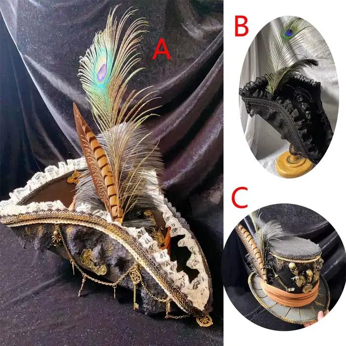Chapeau Triangle Vintage avec Crâne et Plumes