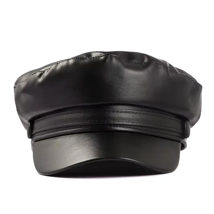 Béret militaire en cuir noir pour femme