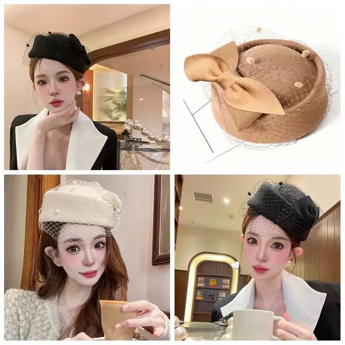 Chapeau à nœud en laine de style britannique vintage avec voile
