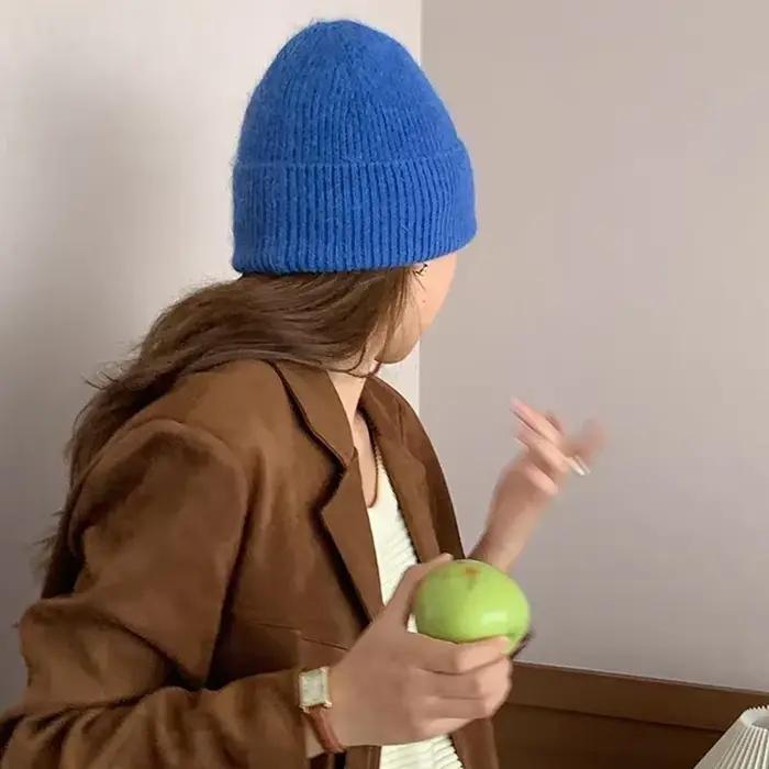 2024 Angora tricot chapeau d'hiver pour femmes fourrure de lapin moelleux tricoté bonnets corée luxe Bonnet femme doux