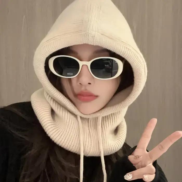 Casquettes à capuche tricotées hiver cagoule chapeaux femmes Style coréen extérieur plus chaud cordon
