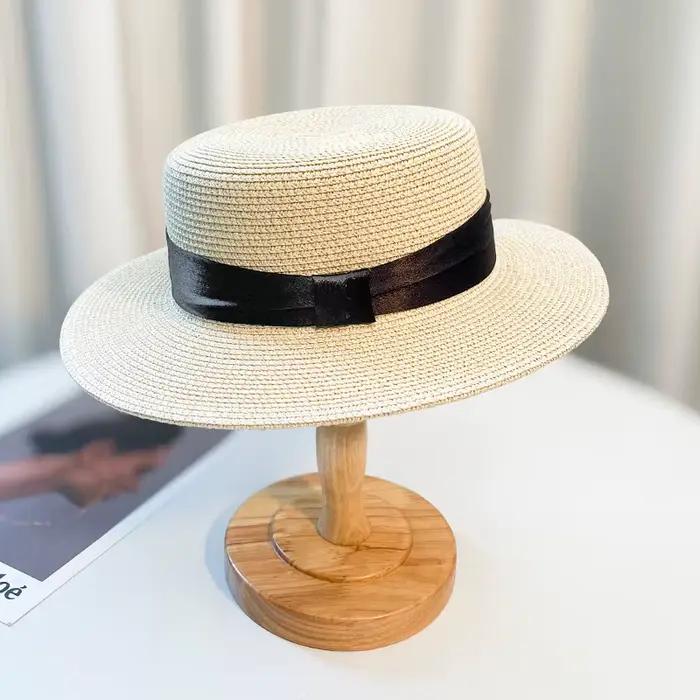 Les quatre saisonsRetro HatPanamaFlatBrimmed Sun Hatbucket Hat Protection UV Sun Hat pour plage MiniBow Vacances Chapeau de paille fait à la main
