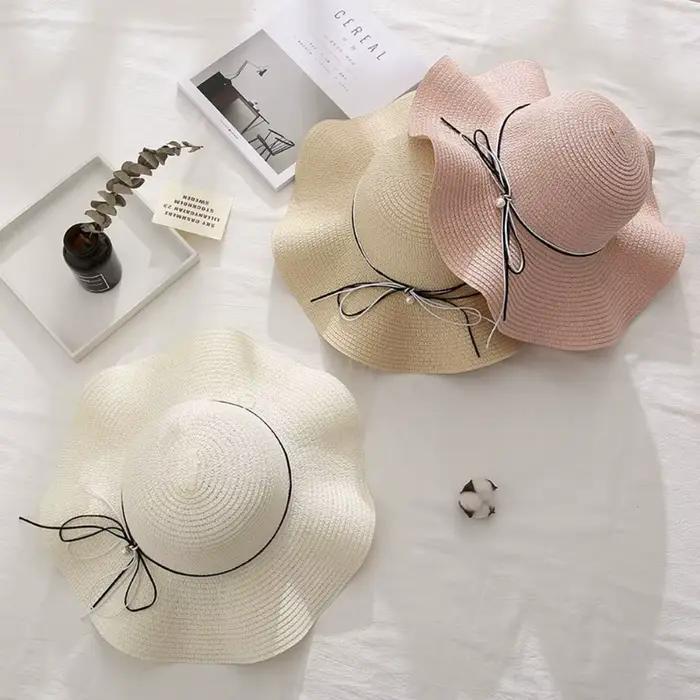 Chapeau de paille pliable à large bord style français avec perles