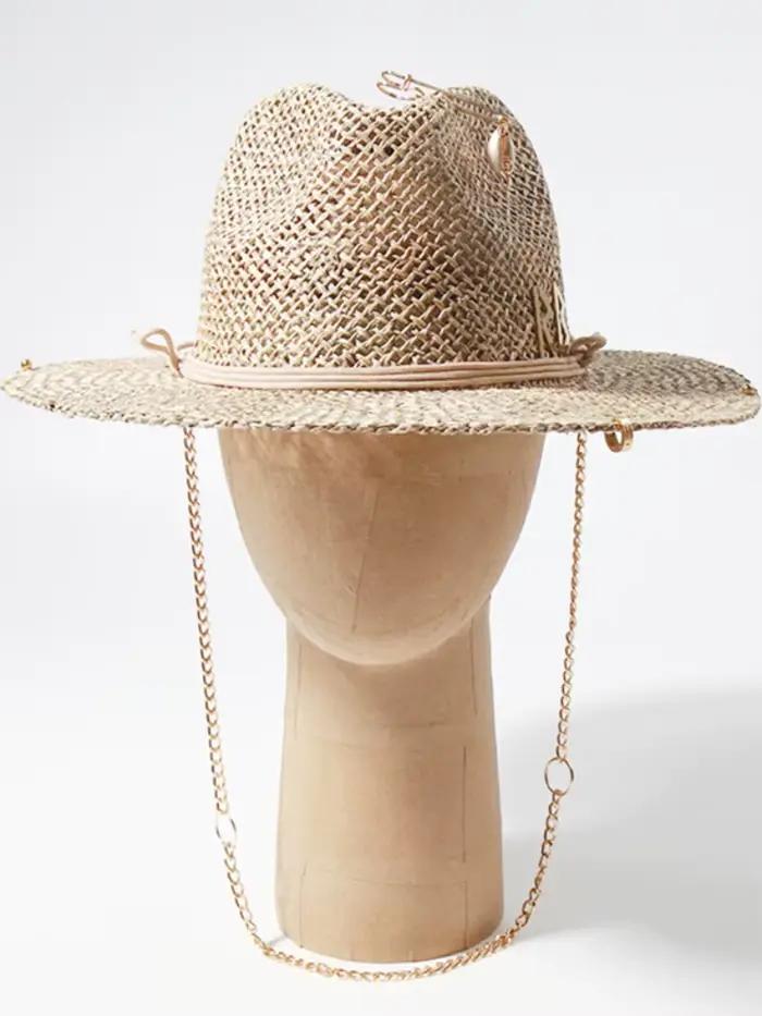 Broche de conception chapeau de paille femme lettre creuse chapeau de soleil mode chaîne en métal parasol chapeau sport plage quatre saisons occasions spéciales