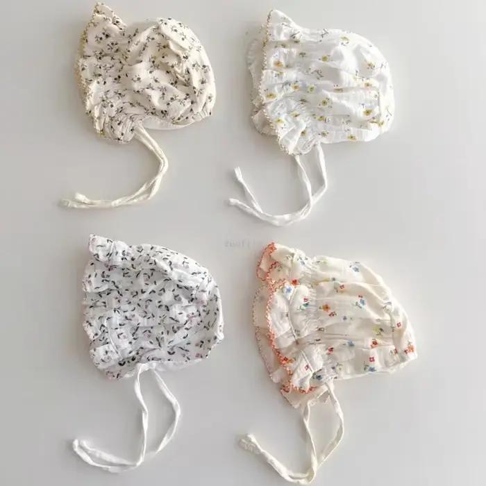 Chapeau en dentelle coton pour nouveau-né mignon, bébé fille, protection auditive, gaze, dessin animé, casquette réglable pour bébés 0-12 mois occasions spéciales