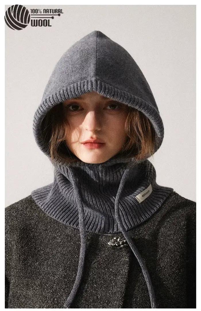 100% laine hiver cagoule chapeau Bonnet pour femmes tricoté casquettes à capuche en plein air chaud une pièce col de cou bonnets chapeaux femme
