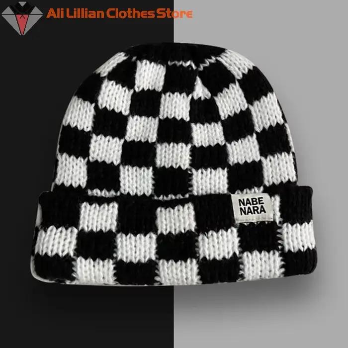 Chapeau tricoté à carreaux en damier pour femmes