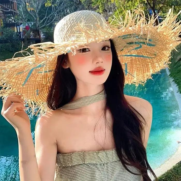 Chapeau paille en papier mode lettres brodées unisexe protection solaire large bordures occasions estivales décontractées voyage plage camping