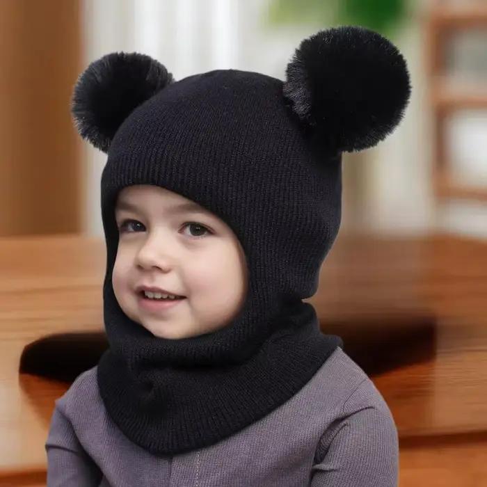 1 pièces Juniors Double Pom Poms combiné chapeau écharpe mignon cagoule chapeaux garçons filles saison froide laine casquette de balle