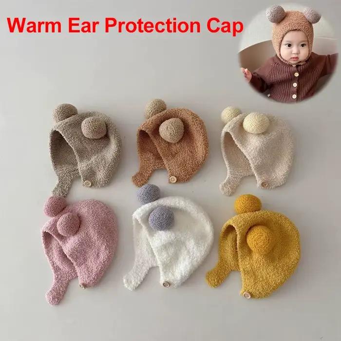 Mignon hiver chaud enfants fille garçons bébé chapeaux polaire laine ourlet casquettes avec boule solide